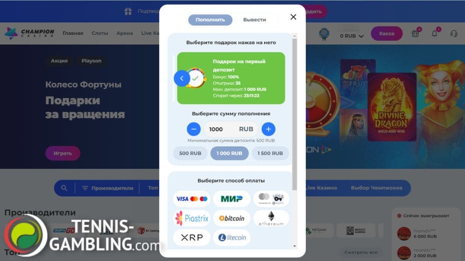 Пополнить депозит казино Чемпион